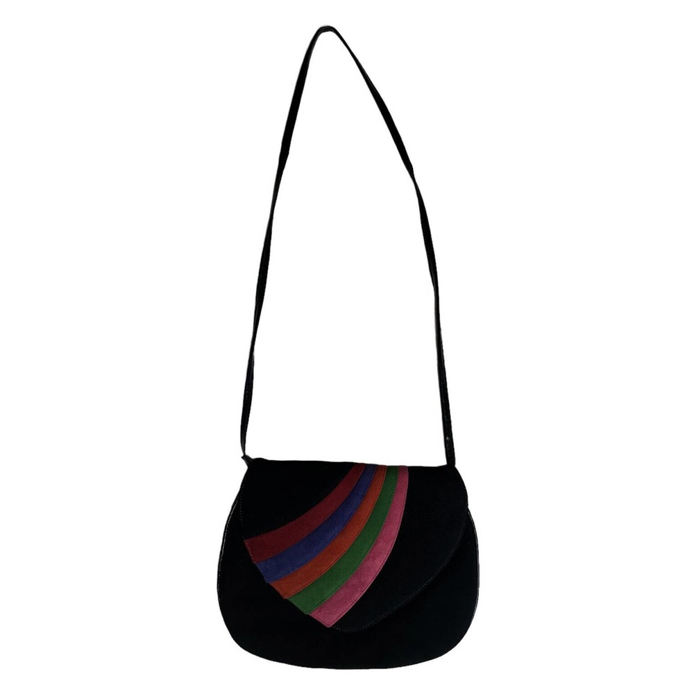 Vtg 80s 90s Black Rainbow Faux Suede Leather Flap Purse Handbag Removable Strap‎